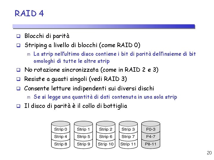 RAID 4 q Blocchi di parità q Striping a livello di blocchi (come RAID