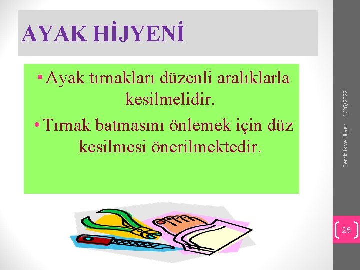 Temizlik ve Hijyen • Ayak tırnakları düzenli aralıklarla kesilmelidir. • Tırnak batmasını önlemek için