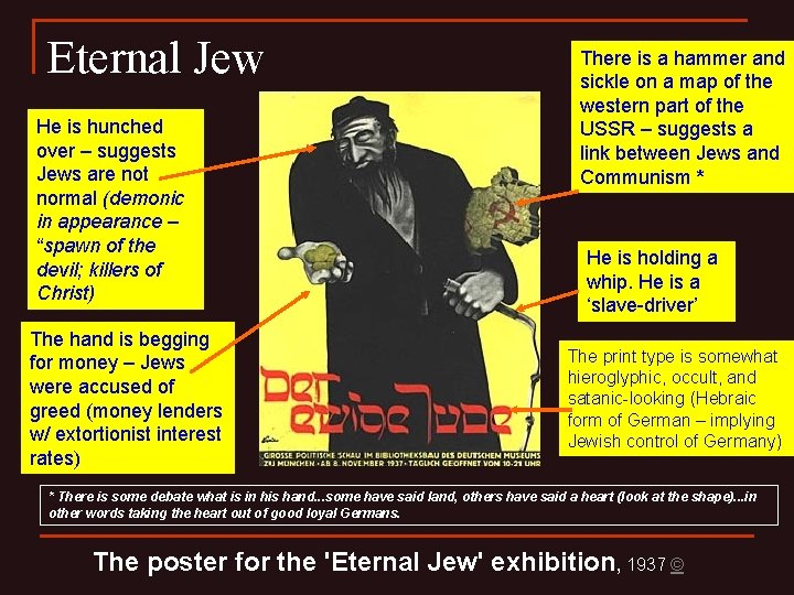 Eternal Jew He is hunched over – suggests Jews are not normal (demonic in