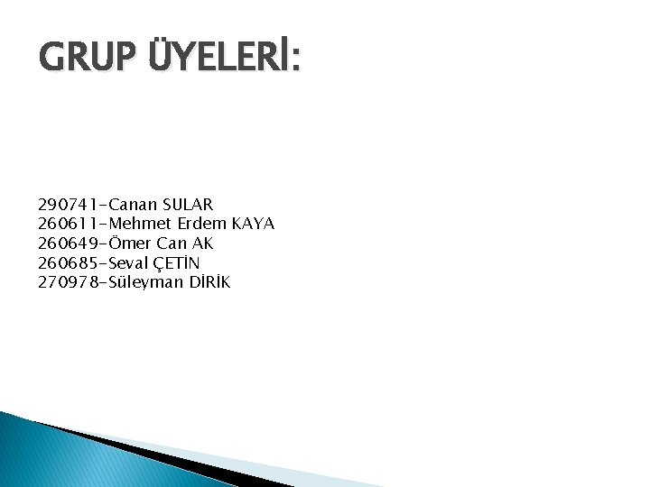 GRUP ÜYELERİ: 290741 -Canan SULAR 260611 -Mehmet Erdem KAYA 260649 -Ömer Can AK 260685