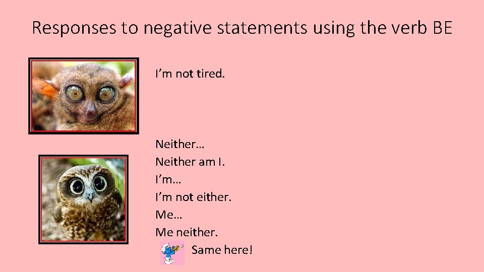 Responses to negative statements using the verb BE I’m not tired. Neither… Neither am