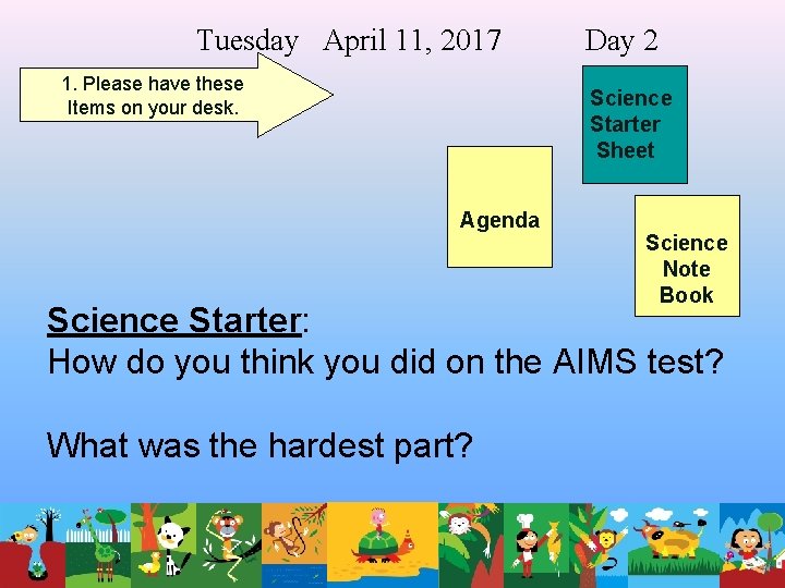 Tuesday April 11, 2017 1. Please have these Items on your desk. Day 2 Tuesday April 11, 2017 1. Please have these Items on your desk. Day 2