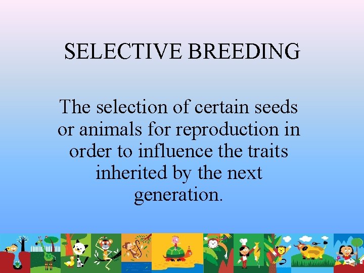 SELECTIVE BREEDING The selection of certain seeds or animals for reproduction in order to SELECTIVE BREEDING The selection of certain seeds or animals for reproduction in order to