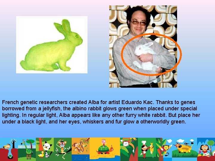 French genetic researchers created Alba for artist Eduardo Kac. Thanks to genes borrowed from French genetic researchers created Alba for artist Eduardo Kac. Thanks to genes borrowed from