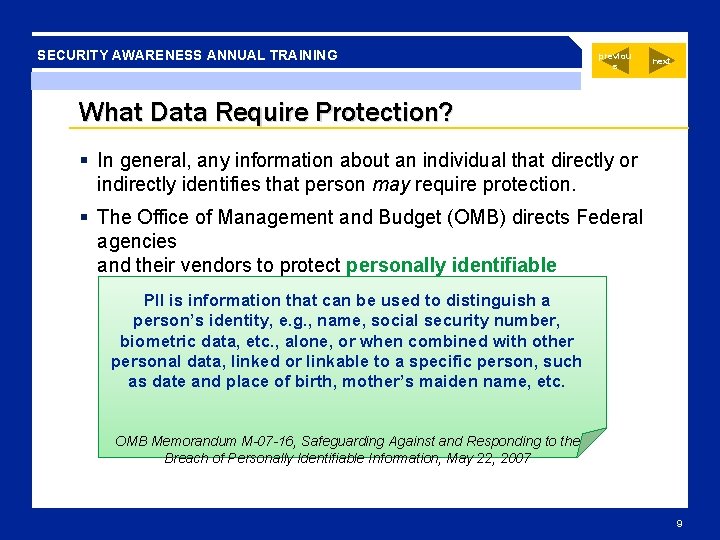 SECURITY AWARENESS ANNUAL TRAINING previou s next What Data Require Protection? In general, any