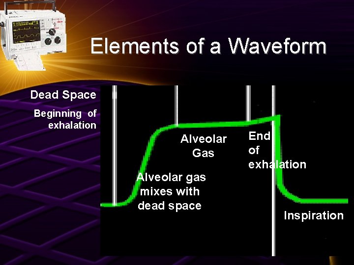 Elements of a Waveform Dead Space Beginning of exhalation Alveolar Gas Alveolar gas mixes