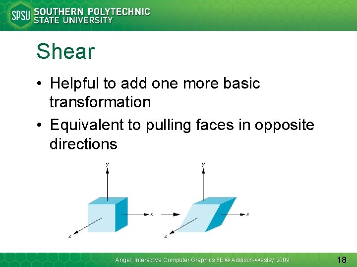 Shear • Helpful to add one more basic transformation • Equivalent to pulling faces