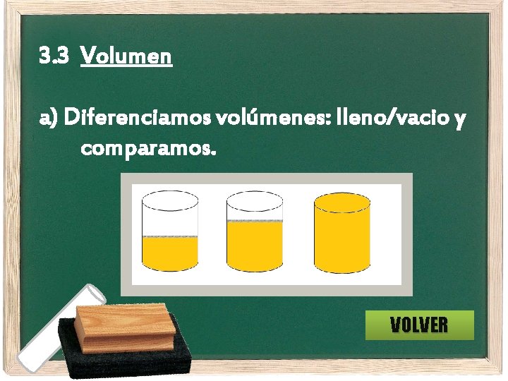 3. 3 Volumen a) Diferenciamos volúmenes: lleno/vacio y comparamos. VOLVER 