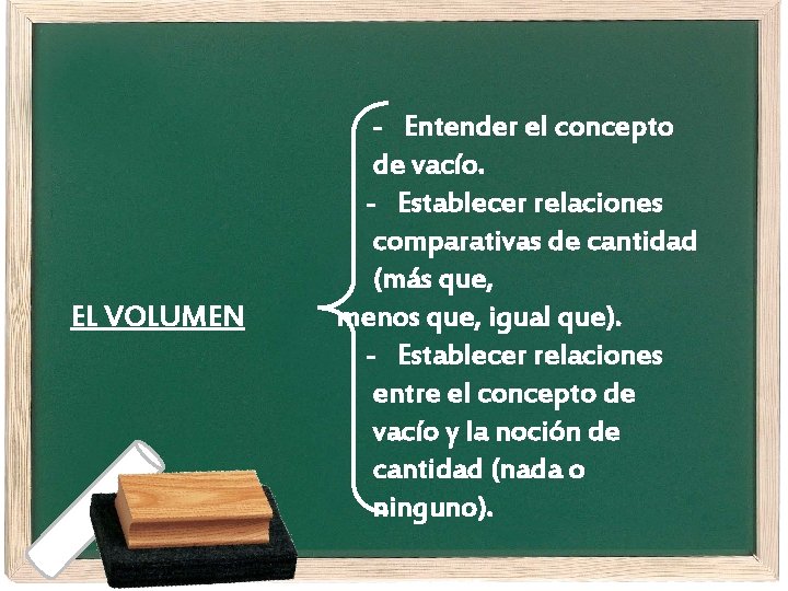 EL VOLUMEN - Entender el concepto de vacío. - Establecer relaciones comparativas de cantidad