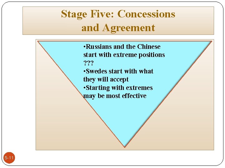 Stage Five: Concessions and Agreement • Russians and the Chinese start with extreme positions