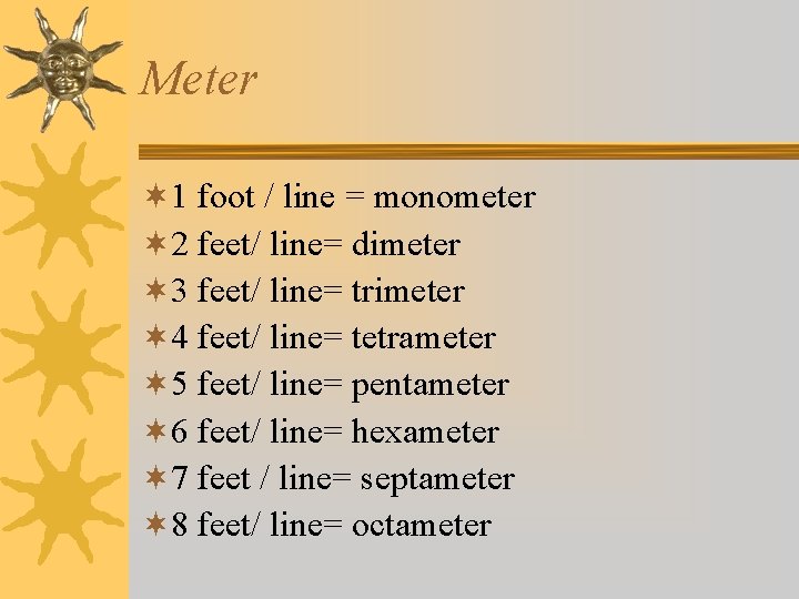 Meter ¬ 1 foot / line = monometer ¬ 2 feet/ line= dimeter ¬