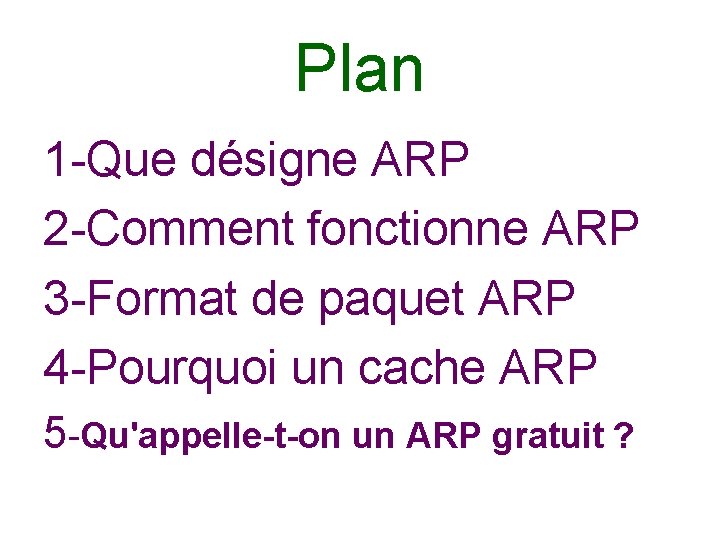 Plan 1 -Que désigne ARP 2 -Comment fonctionne ARP 3 -Format de paquet ARP