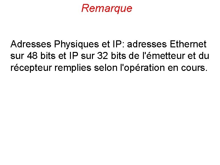 Remarque Adresses Physiques et IP: adresses Ethernet sur 48 bits et IP sur 32