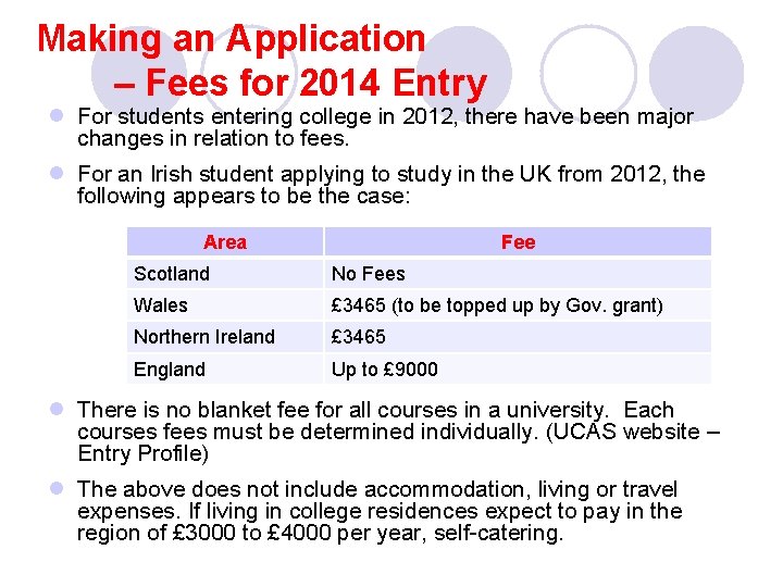 Making an Application – Fees for 2014 Entry l For students entering college in