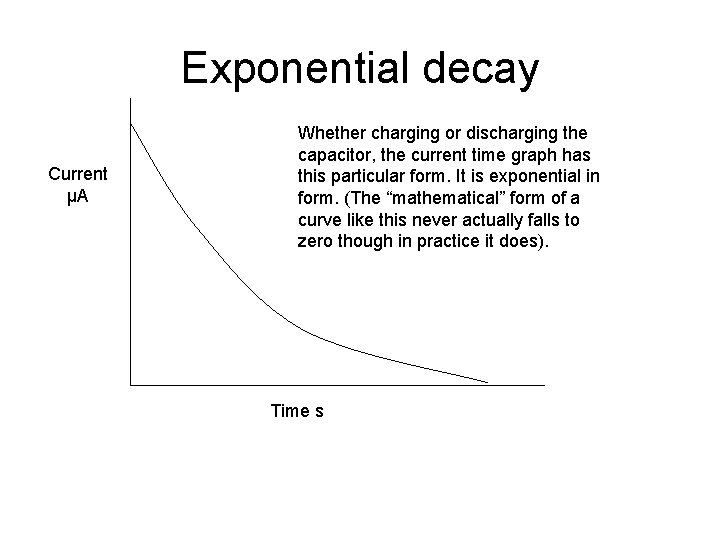 Exponential decay Current μA Whether charging or discharging the capacitor, the current time graph