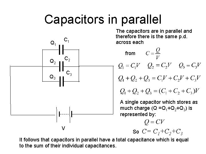 Capacitors in parallel Q 1 Q 2 C 1 C 2 The capacitors are