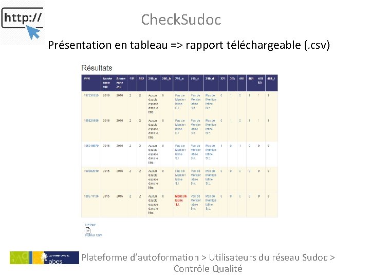 Check. Sudoc Présentation en tableau => rapport téléchargeable (. csv) Plateforme d’autoformation > Utilisateurs