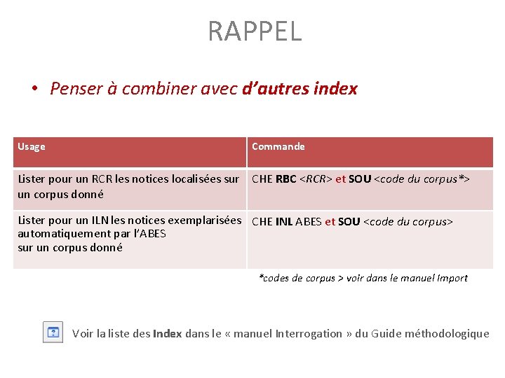 RAPPEL • Penser à combiner avec d’autres index Usage Commande Lister pour un RCR