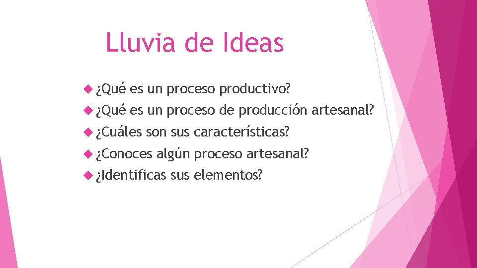 Lluvia de Ideas ¿Qué es un proceso productivo? ¿Qué es un proceso de producción