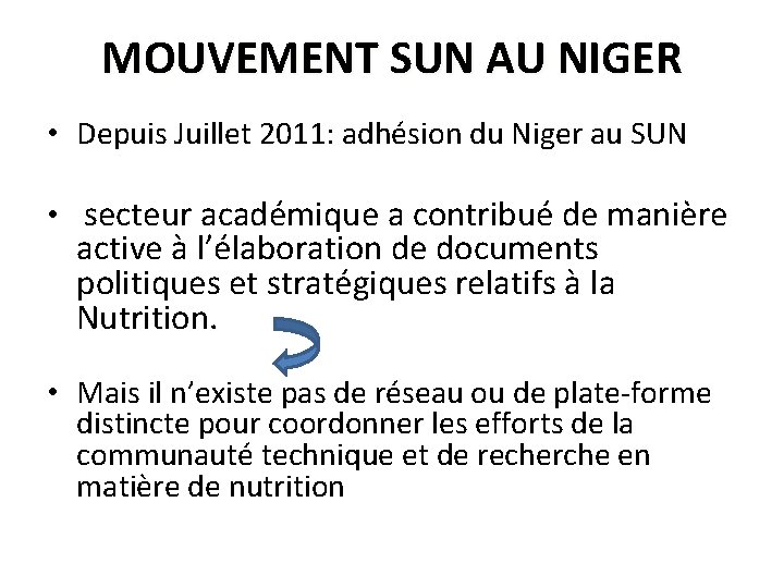 MOUVEMENT SUN AU NIGER • Depuis Juillet 2011: adhésion du Niger au SUN •