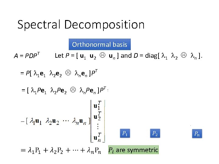 Spectral Decomposition Orthonormal basis A = PDPT Let P = [ u 1 u