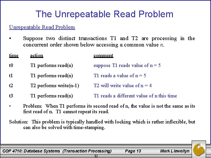 The Unrepeatable Read Problem • Suppose two distinct transactions T 1 and T 2
