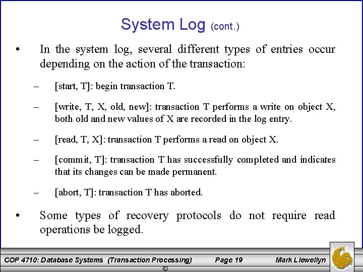 System Log (cont. ) • • In the system log, several different types of