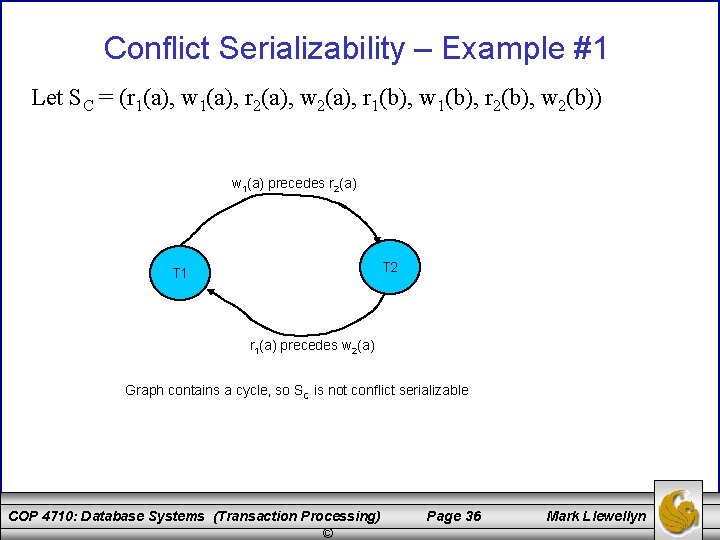 Conflict Serializability – Example #1 Let SC = (r 1(a), w 1(a), r 2(a),