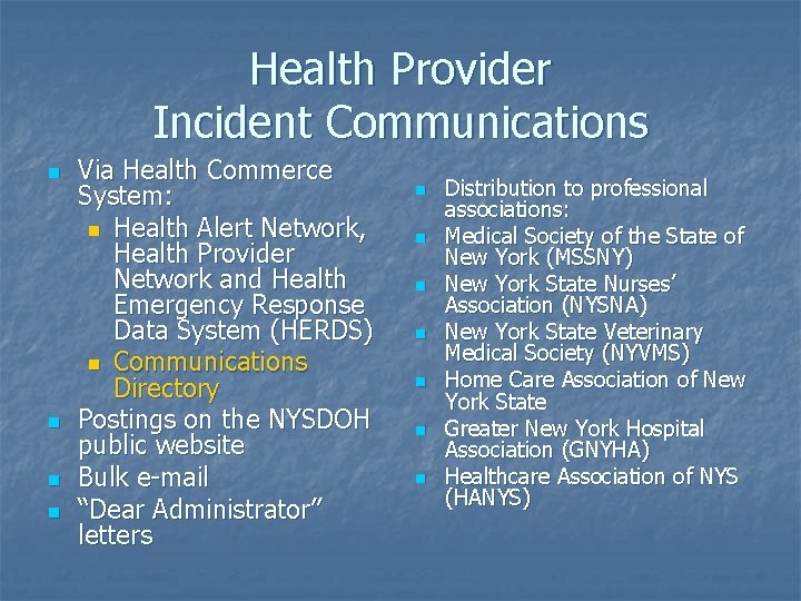 Health Provider Incident Communications n n Via Health Commerce System: n Health Alert Network,