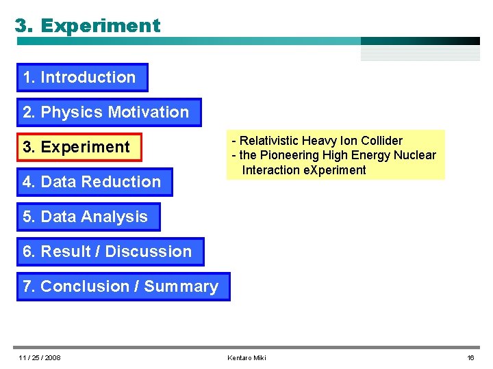 3. Experiment 1. Introduction 2. Physics Motivation 3. Experiment 4. Data Reduction - Relativistic