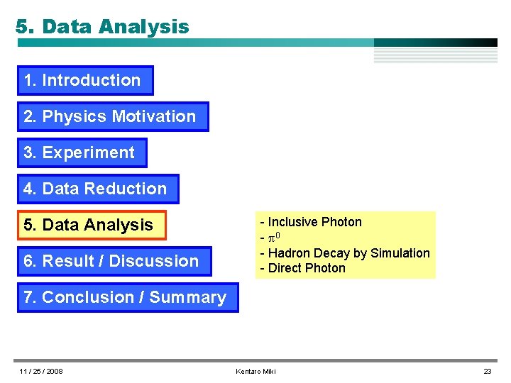 5. Data Analysis 1. Introduction 2. Physics Motivation 3. Experiment 4. Data Reduction 5.