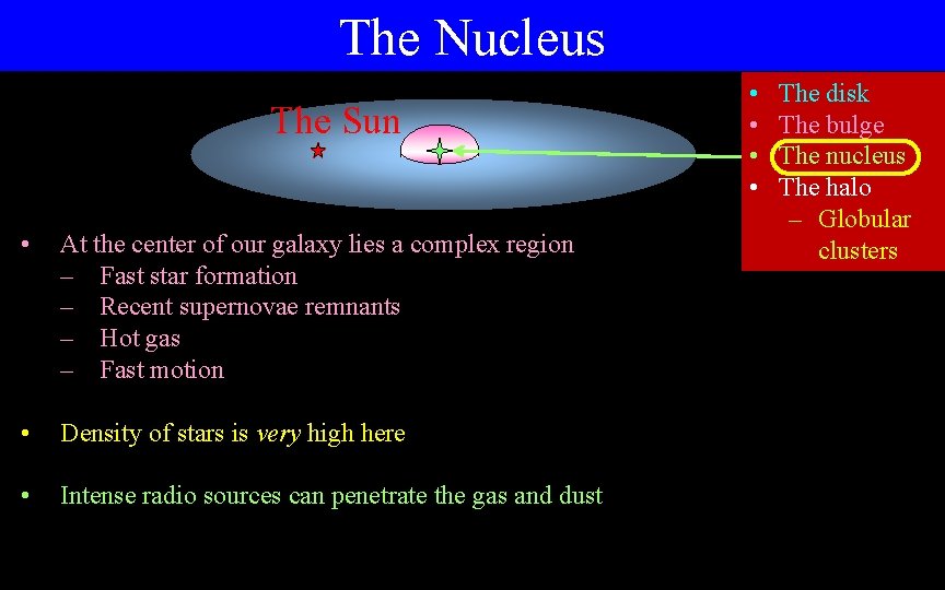 The Nucleus The Sun • At the center of our galaxy lies a complex