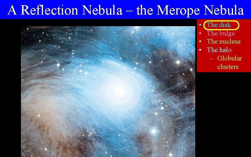 A Reflection Nebula – the Merope Nebula • • The disk The bulge The
