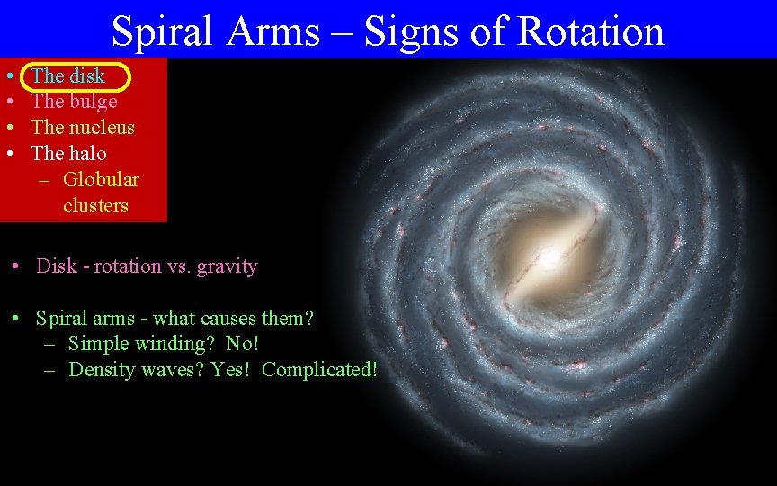 Spiral Arms – Signs of Rotation • • The disk The bulge The nucleus