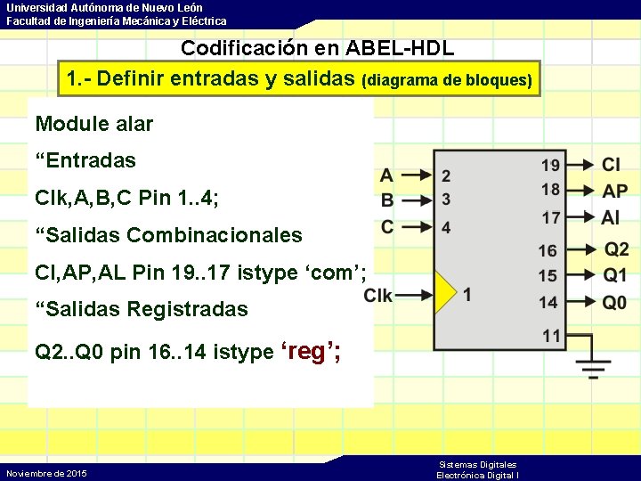 Universidad Autónoma de Nuevo León Facultad de Ingeniería Mecánica y Eléctrica Codificación en ABEL-HDL