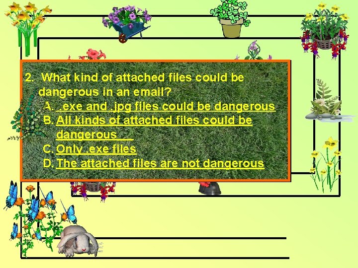 2. What kind of attached files could be dangerous in an email? A. .