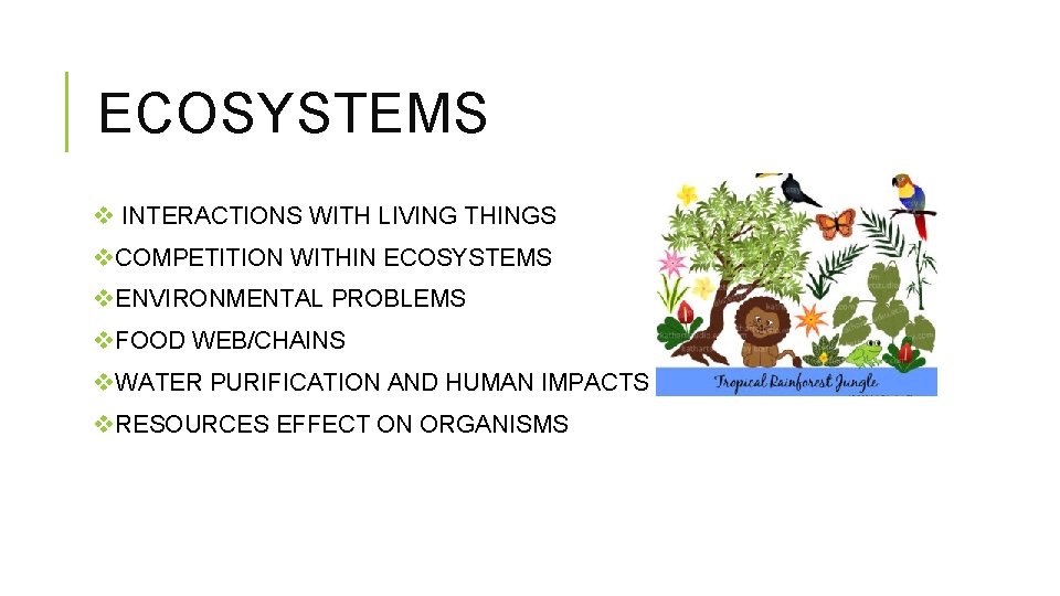 ECOSYSTEMS v INTERACTIONS WITH LIVING THINGS v. COMPETITION WITHIN ECOSYSTEMS v. ENVIRONMENTAL PROBLEMS v.