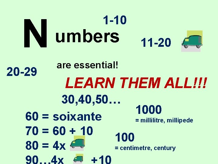 N 20 -29 1 -10 umbers 11 -20 are essential! LEARN THEM ALL!!! 30,