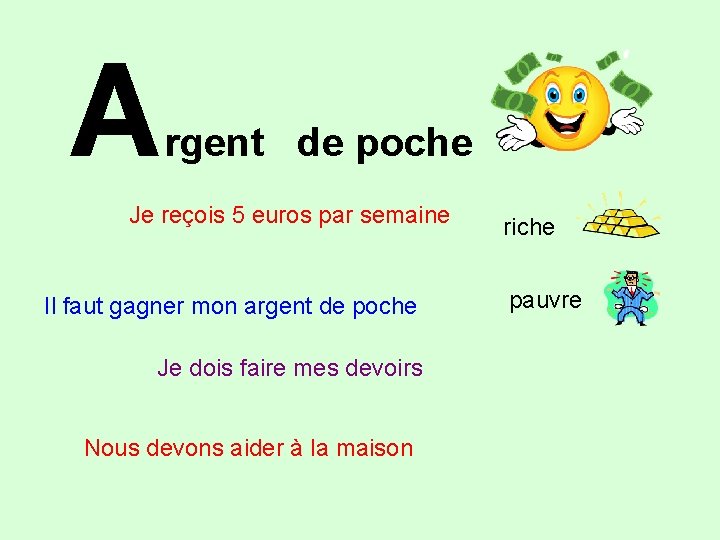 A rgent de poche Je reçois 5 euros par semaine Il faut gagner mon