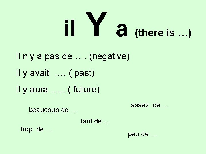 il Ya (there is …) Il n’y a pas de …. (negative) Il y