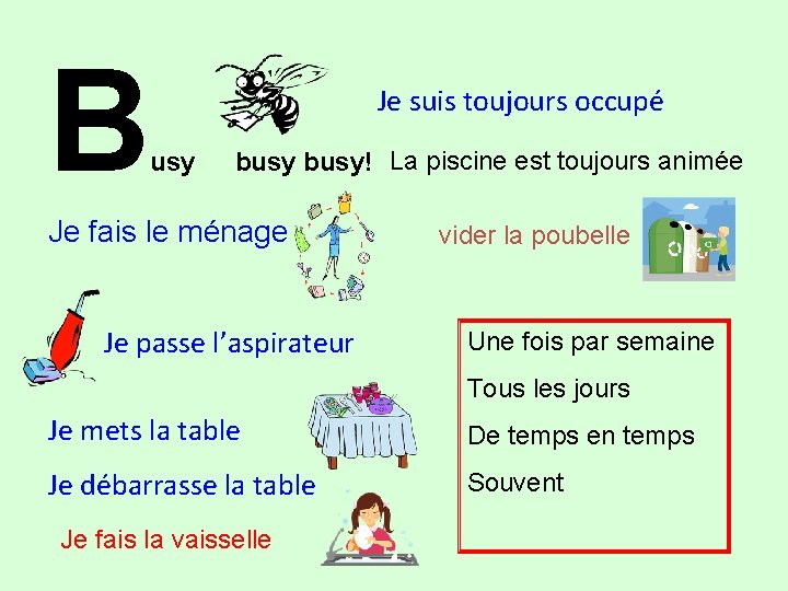 B Je suis toujours occupé usy busy! La piscine est toujours animée Je fais