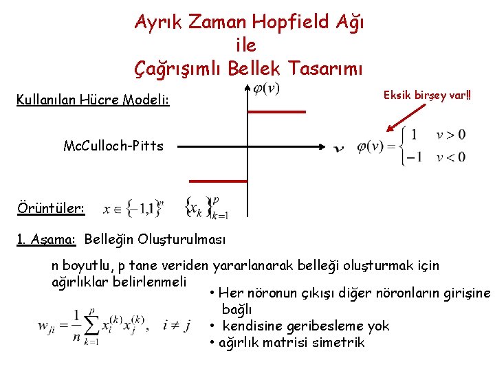 Ayrık Zaman Hopfield Ağı ile Çağrışımlı Bellek Tasarımı Kullanılan Hücre Modeli: Eksik birşey var!!