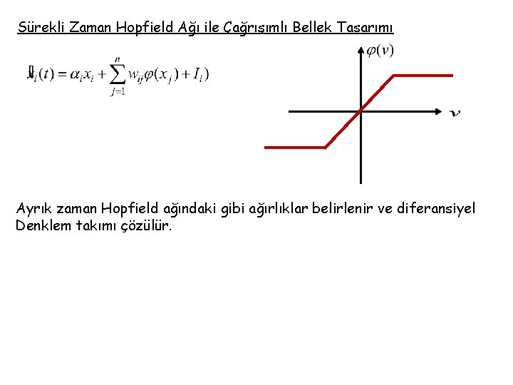 Sürekli Zaman Hopfield Ağı ile Çağrışımlı Bellek Tasarımı Ayrık zaman Hopfield ağındaki gibi ağırlıklar