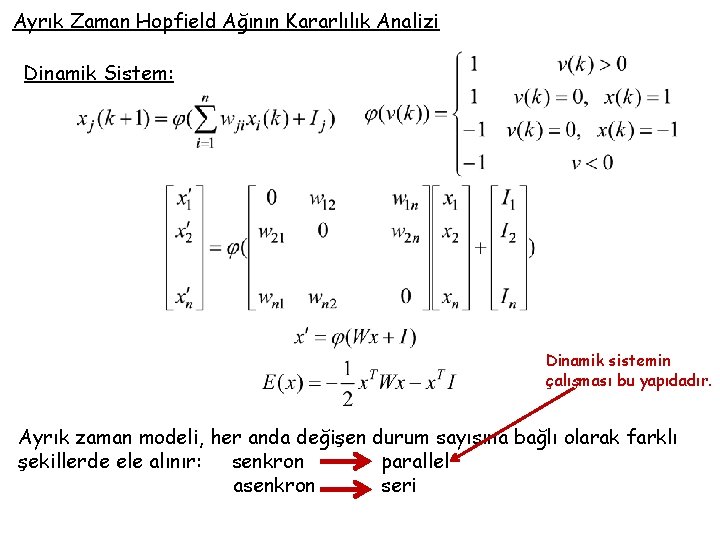 Ayrık Zaman Hopfield Ağının Kararlılık Analizi Dinamik Sistem: Dinamik sistemin çalışması bu yapıdadır. Ayrık