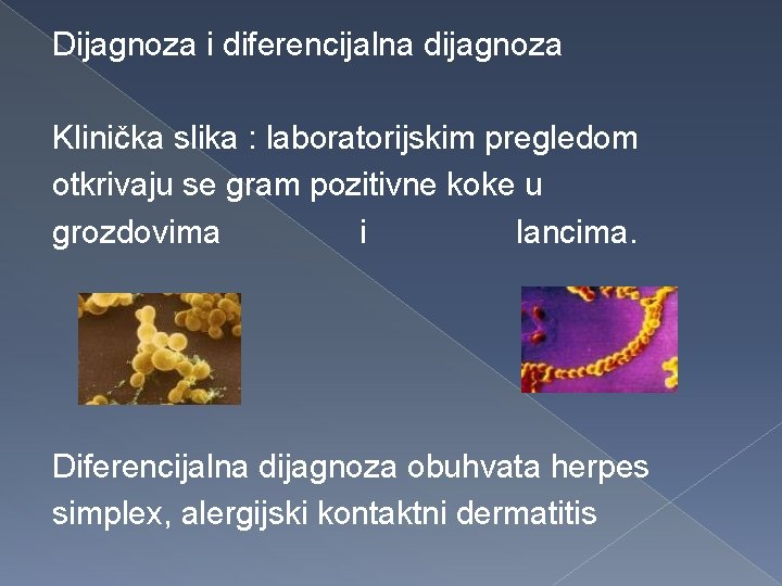 Dijagnoza i diferencijalna dijagnoza Klinička slika : laboratorijskim pregledom otkrivaju se gram pozitivne koke