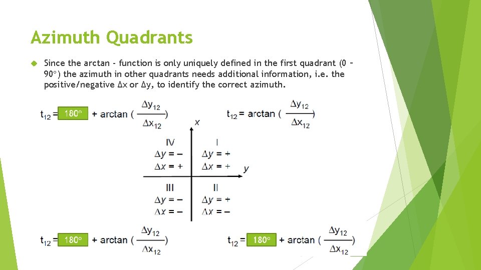 Azimuth Quadrants Since the arctan - function is only uniquely defined in the first