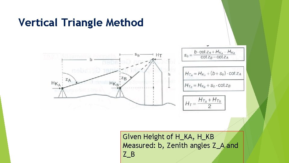 Vertical Triangle Method Given Height of H_KA, H_KB Measured: b, Zenith angles Z_A and