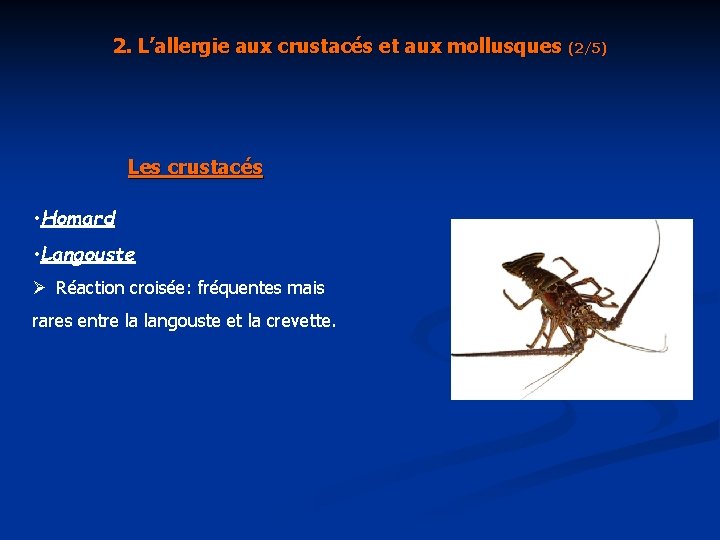 2. L’allergie aux crustacés et aux mollusques (2/5) Les crustacés • Homard • Langouste