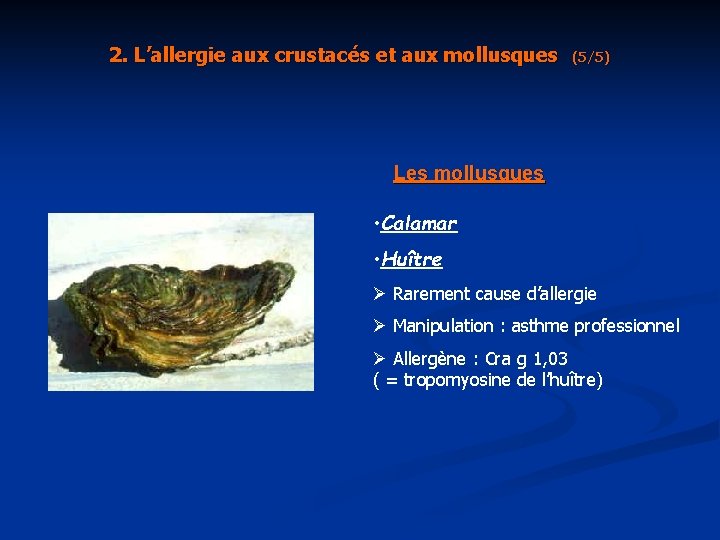 2. L’allergie aux crustacés et aux mollusques (5/5) Les mollusques • Calamar • Huître