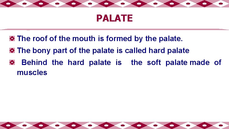 PALATE The roof of the mouth is formed by the palate. The bony part